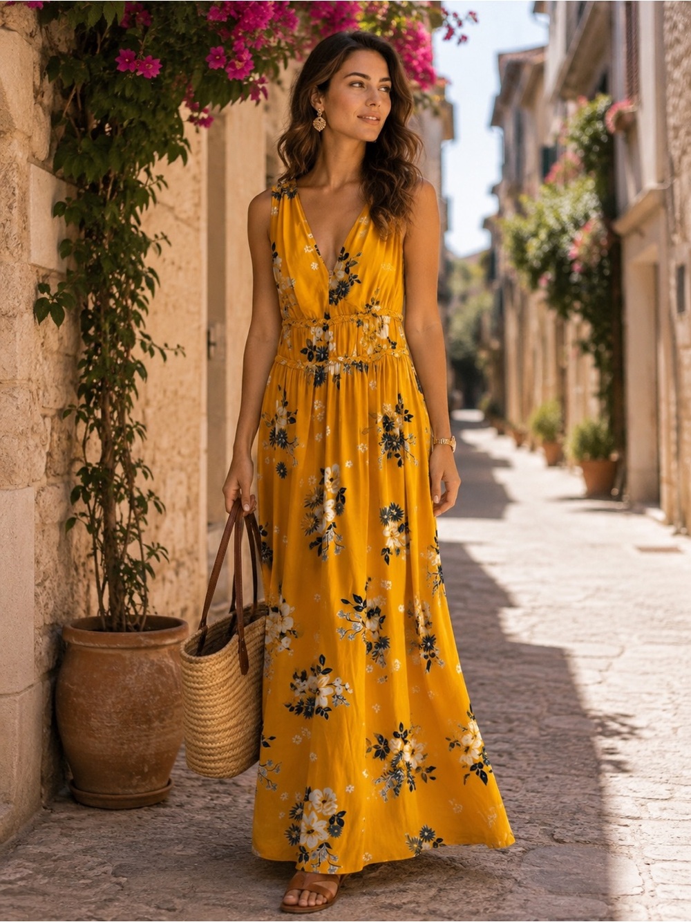 Japna Mustard Yellow Floral V-Neck Maxi Dress